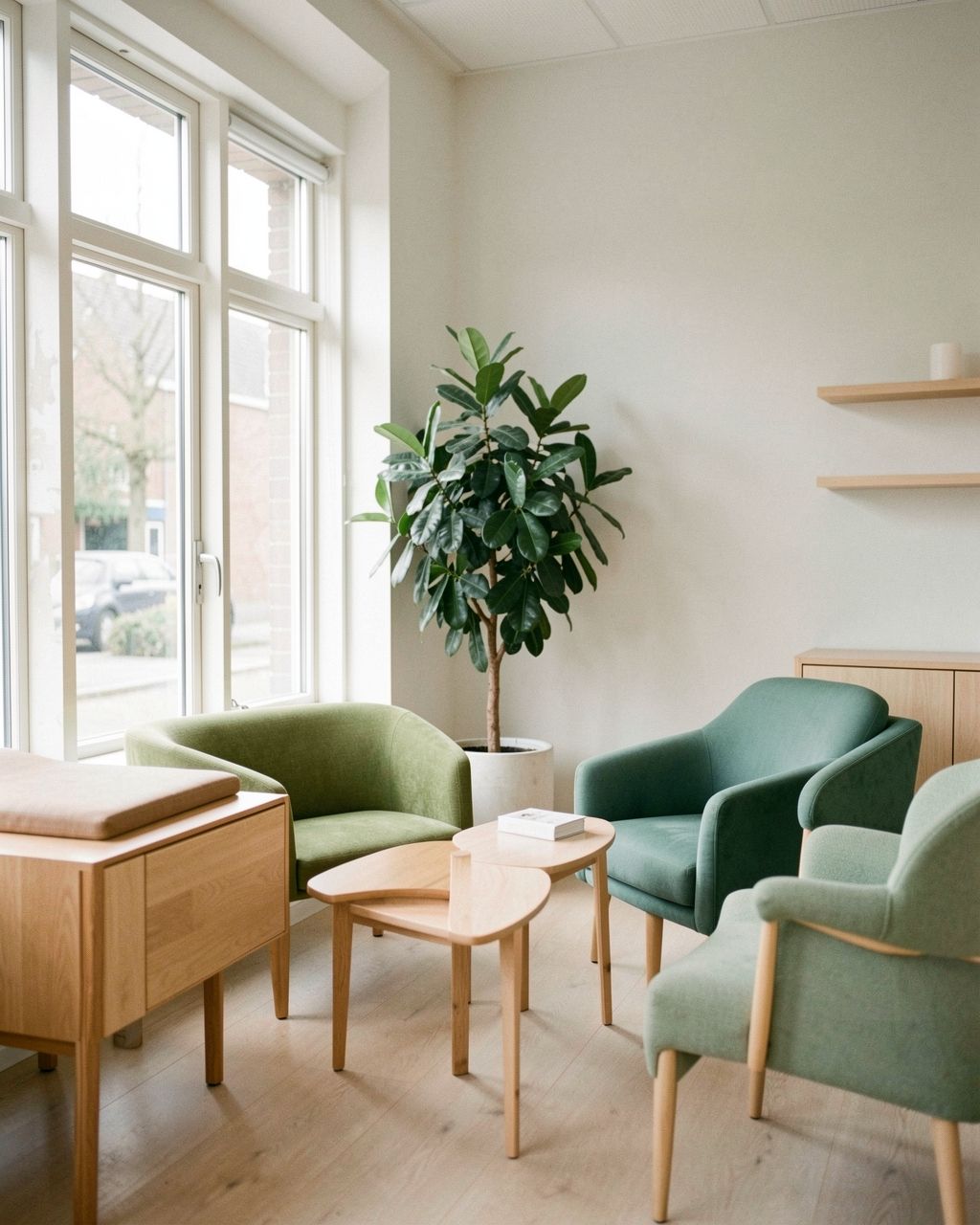 Lichte wachtruimte van de praktijk met houten meubels, groene stoelen en een grote plant
