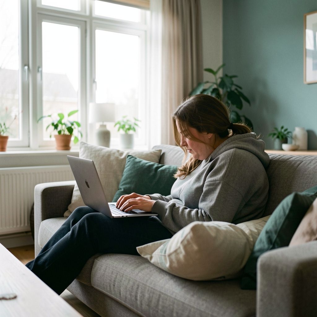 Persoon werkt gebogen op een laptop op schoot op de bank