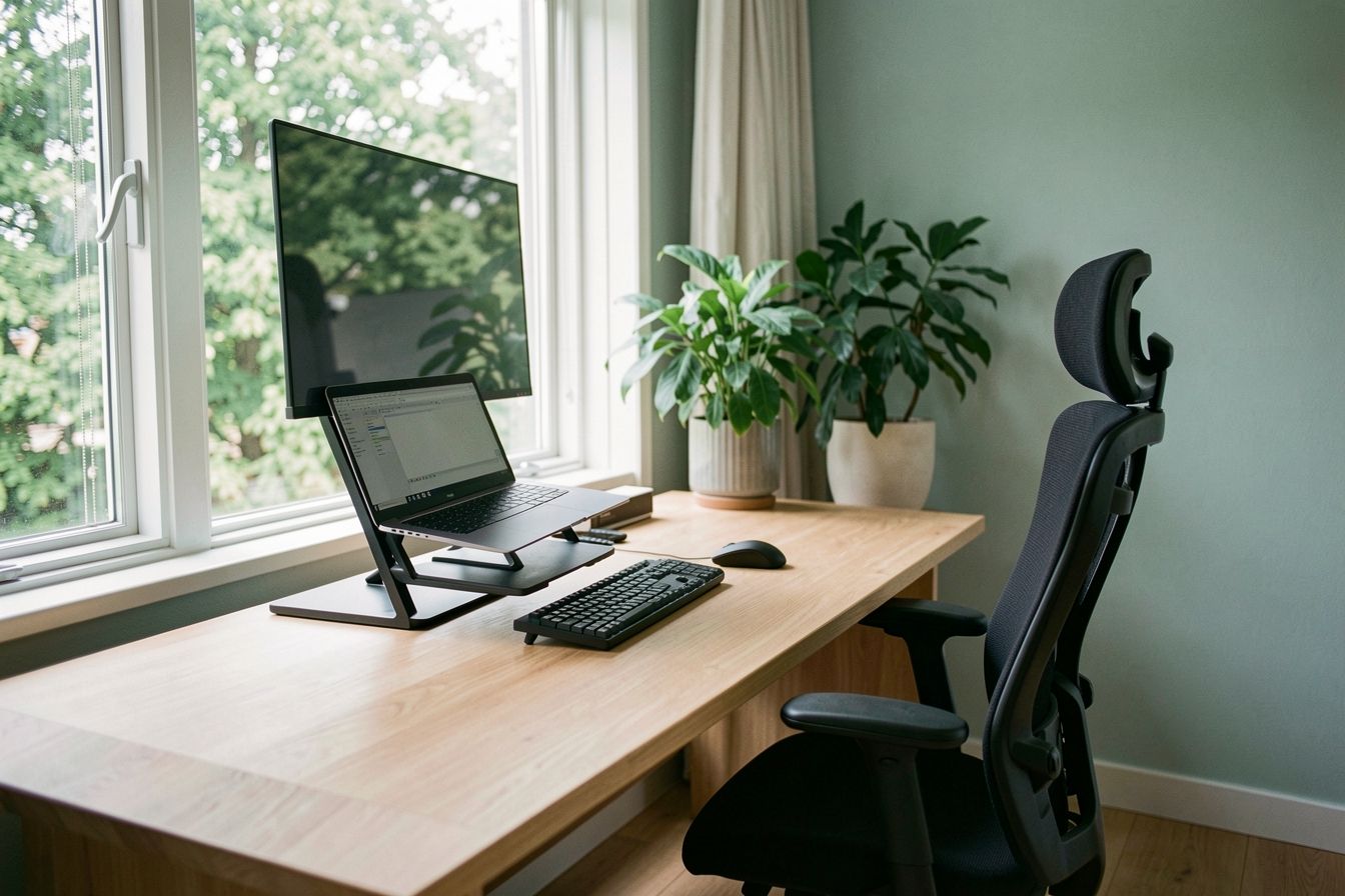 Thuiswerkplek met laptop op een standaard en extern beeldscherm bij een groot raam