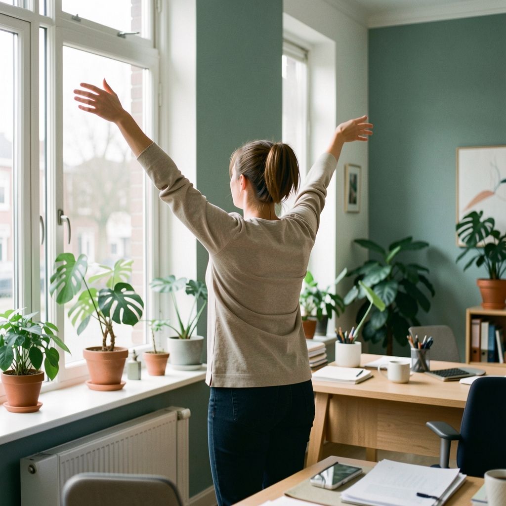 Vrouw staat op van haar bureau en strekt haar armen bij een groot raam