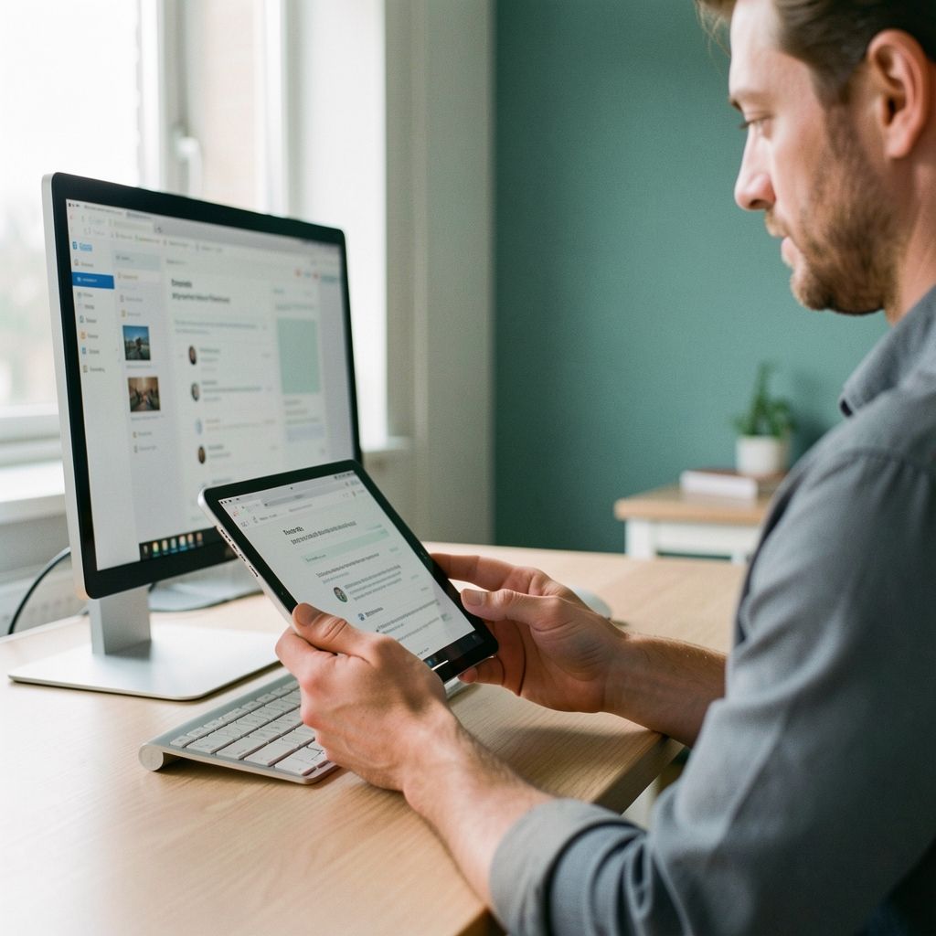 Adviseur met tablet beoordeelt de werkplek van een medewerker
