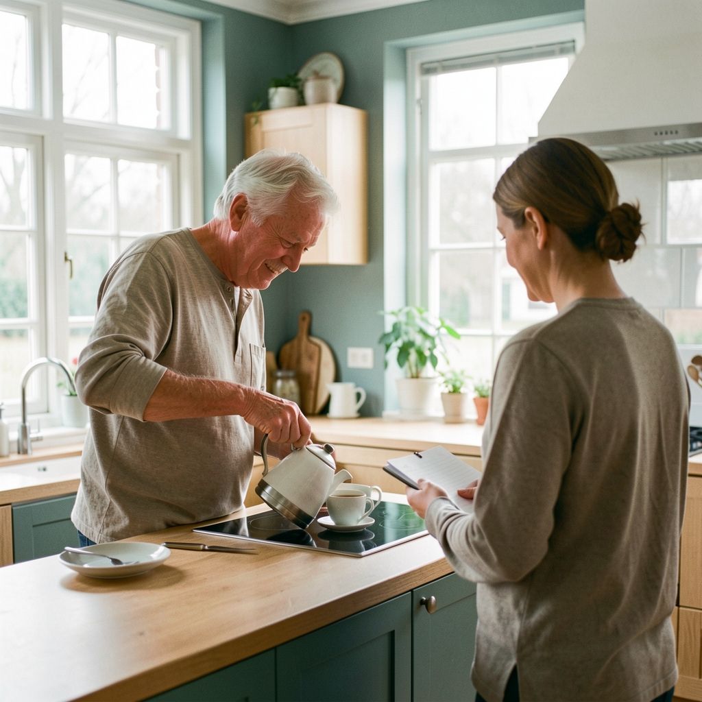 Oudere man schenkt koffie in in een lichte keuken terwijl een ergotherapeut meekijkt