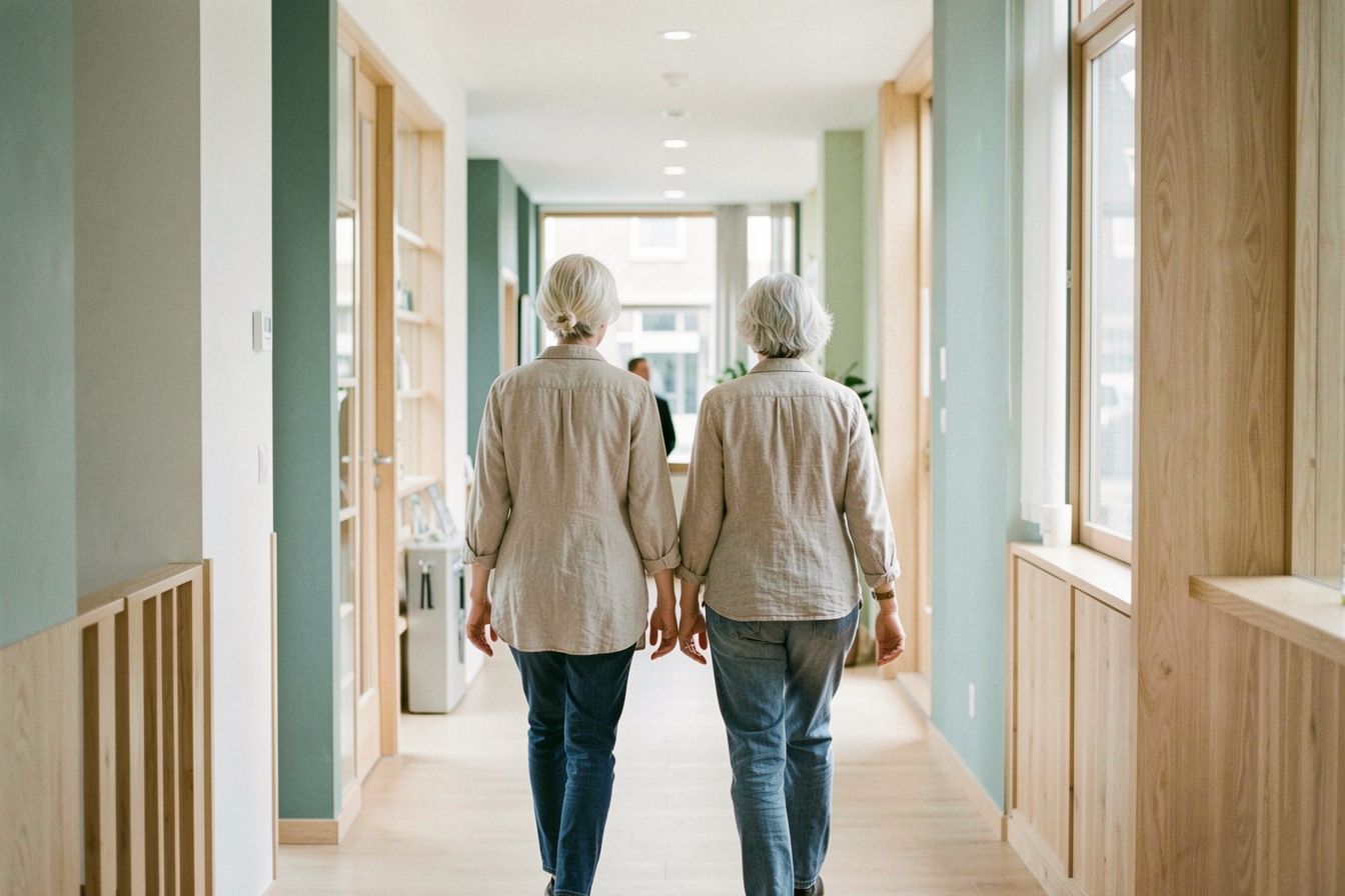 Twee vrouwen lopen samen door een lichte gang van een praktijk