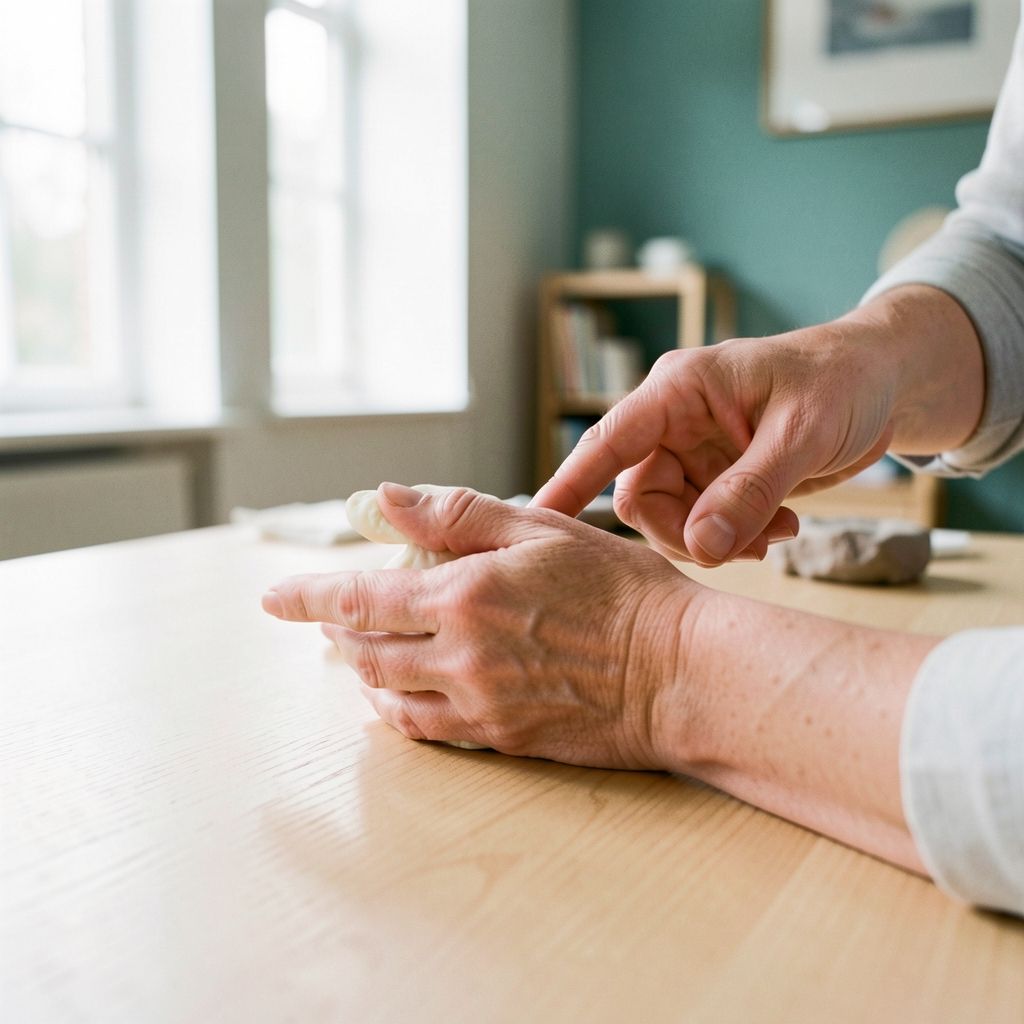 Handen knijpen in therapieklei tijdens een handtherapie-oefening aan een houten tafel