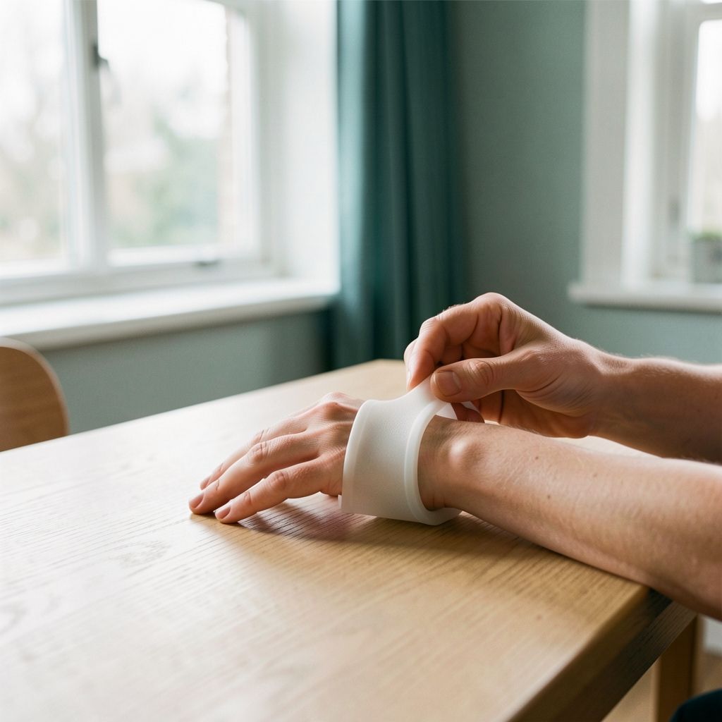 Handtherapeut past een spalk aan rond de pols van een cliënt