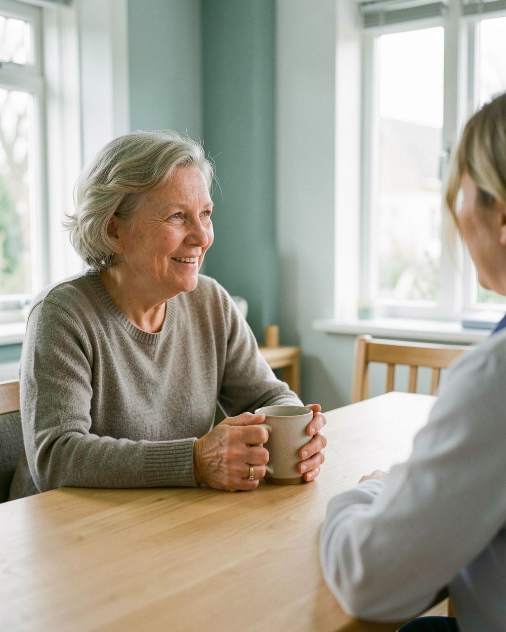 Vrouw met een kop thee in gesprek met een ergotherapeut aan een houten tafel in een lichte praktijkruimte