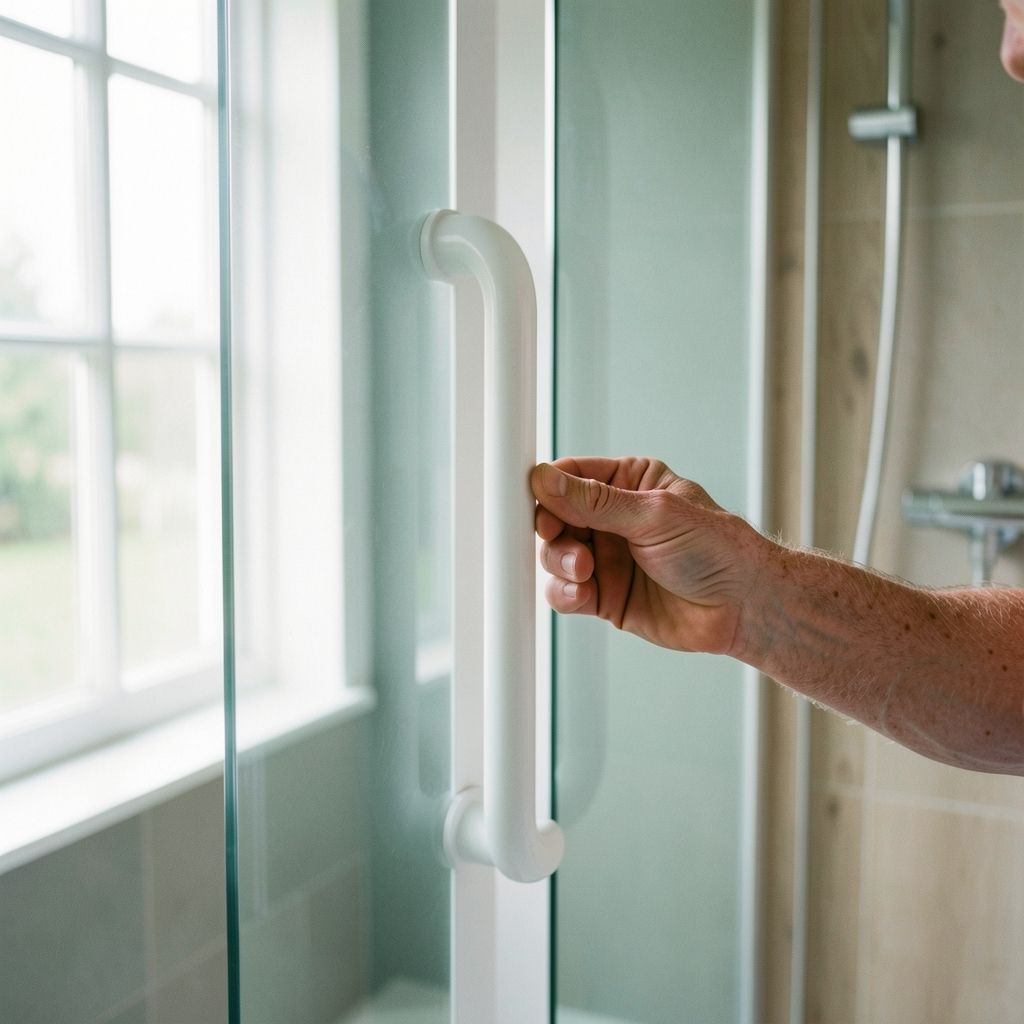 Hand van een oudere man op een wandbeugel naast een inloopdouche in een lichte badkamer