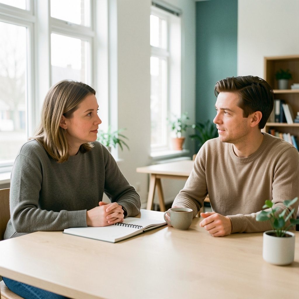 Twee mensen in gesprek aan een lichte vergadertafel met een notitieboek