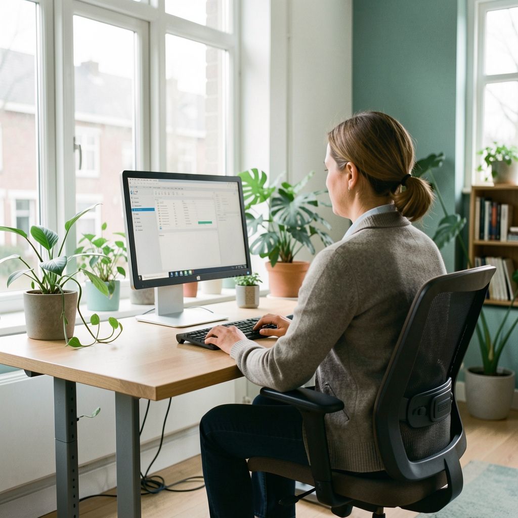 Medewerker aan een goed ingestelde werkplek met monitor op ooghoogte en ergonomische stoel