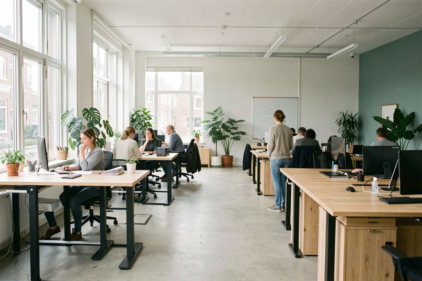 Licht kantoor met zit-stabureaus waar medewerkers zittend en staand werken